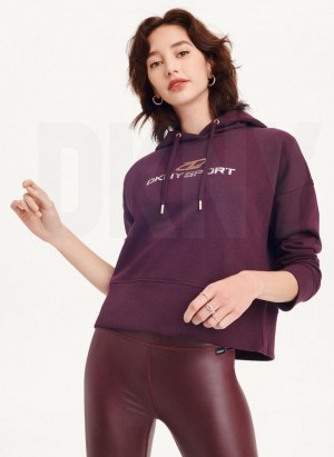 Hoodies DKNY Mixed Distressed Metallic Logo Cropped γυναικεια μπορντο | Greece_D0402