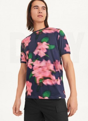 μπλουζακια DKNY Blurry Floral Crew ανδρικα σκουρο μπλε ροζ | Greece_D1759