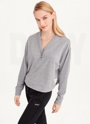 Φούτερ DKNY Cropped Henley Lounge Pullover γυναικεια γκρι | Greece_D0724