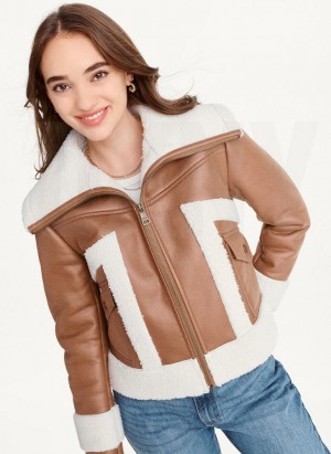 Μπουφαν DKNY Faux-σουετ Shearling Trim ποδηλατου γυναικεια καφε | Greece_D0667