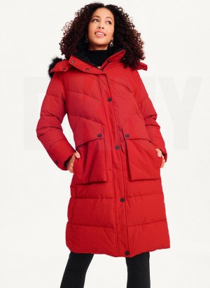 παλτό DKNY Long Puffer With Faux Fur Hood γυναικεια κοκκινα | Greece_D0279