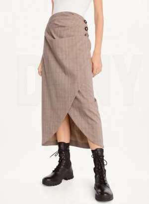 φουστεσ DKNY Plaid Midi γυναικεια καφε | Greece_D1634