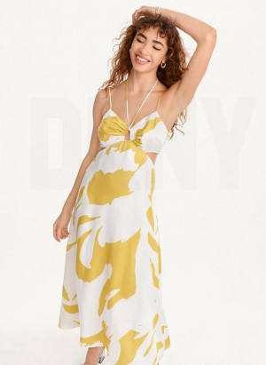 Φορεμα DKNY Printed Cut Out Halter γυναικεια κίτρινα | Greece_D0633