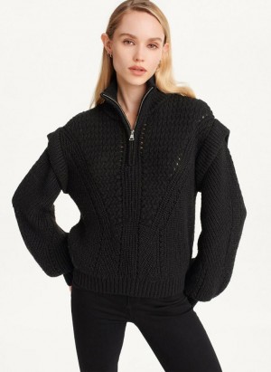 Πουλόβερ DKNY Quarter Zip Cable Knit γυναικεια μαυρα | Greece_D0347