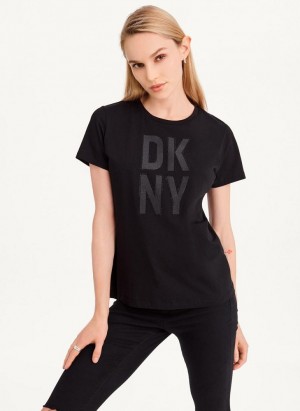 μπλουζακια DKNY Rhinestone Glitter Logo γυναικεια μαυρα | Greece_D0835