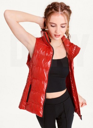 παλτό DKNY Wet Token Logo Puffer Vest γυναικεια κοκκινα | Greece_D0552