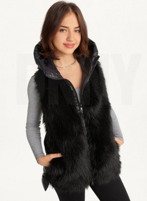 παλτό DKNY Κουκουλοφόρος Puffer Vest With Faux Fur Front γυναικεια μαυρα | Greece_D1502