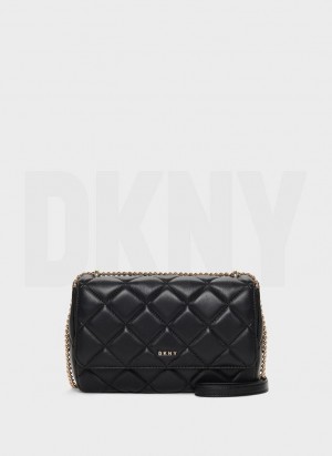 τσάντεσ ώμου DKNY Lara Large Καπιτονέ γυναικεια μαυρα χρυσο χρωμα | Greece_D1649