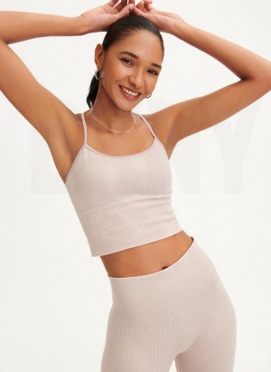 Μπλουζακια Αμανικα DKNY Rib Knit Seamless Crop γυναικεια Μπεζ | Greece_D0495