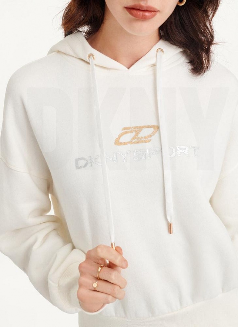 Hoodies DKNY Mixed Distressed Metallic Logo Cropped γυναικεια ασπρα | Greece_D0767