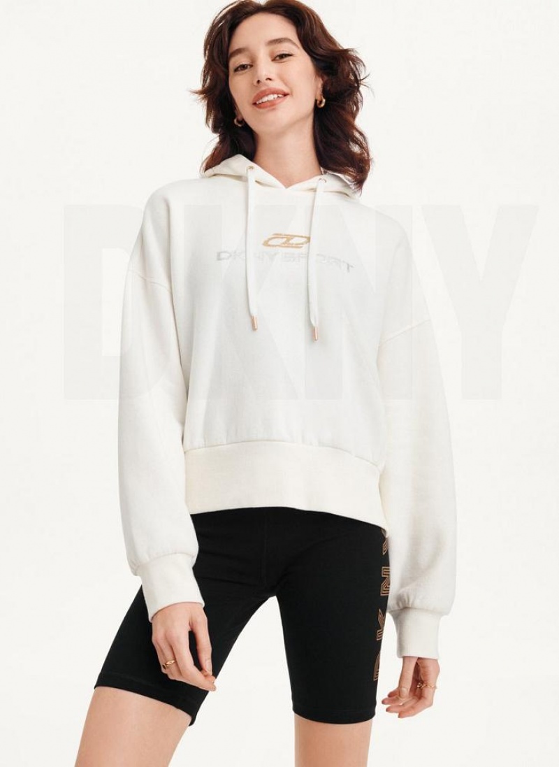 Hoodies DKNY Mixed Distressed Metallic Logo Cropped γυναικεια ασπρα | Greece_D0767