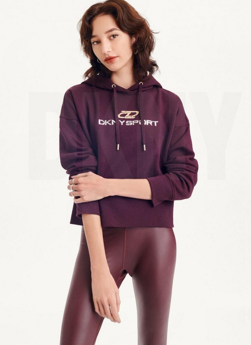 Hoodies DKNY Mixed Distressed Metallic Logo Cropped γυναικεια μπορντο | Greece_D0402