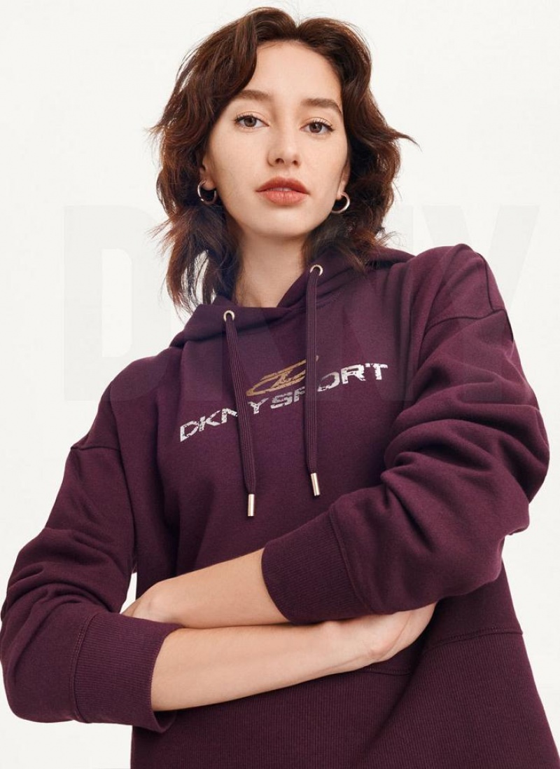 Hoodies DKNY Mixed Distressed Metallic Logo Cropped γυναικεια μπορντο | Greece_D0402