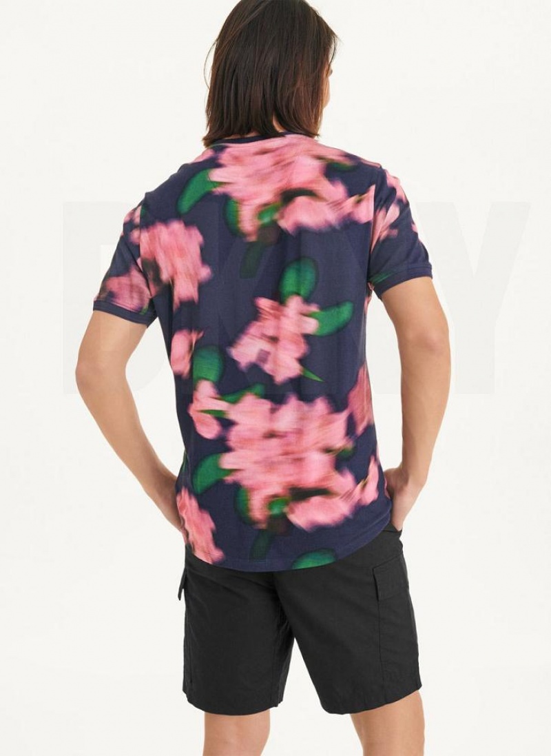 μπλουζακια DKNY Blurry Floral Crew ανδρικα σκουρο μπλε ροζ | Greece_D1759