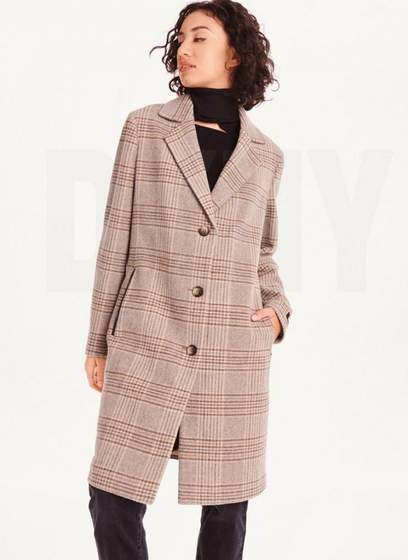 παλτό DKNY Brown Plaid γυναικεια καφε μαυρα | Greece_D0147