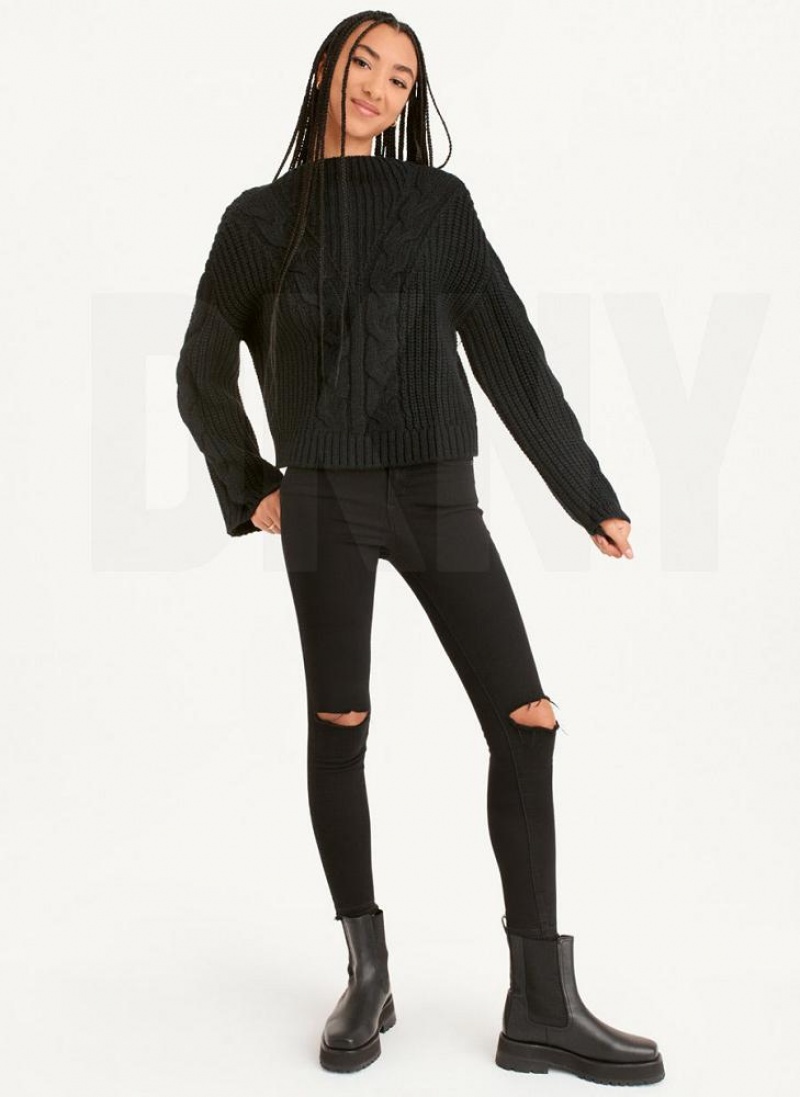 Πουλόβερ DKNY Cable Knit γυναικεια μαυρα | Greece_D1772