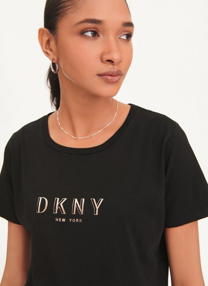 μπλουζακια DKNY Crinkle Foil Spec Logo γυναικεια μαυρα | Greece_D0204