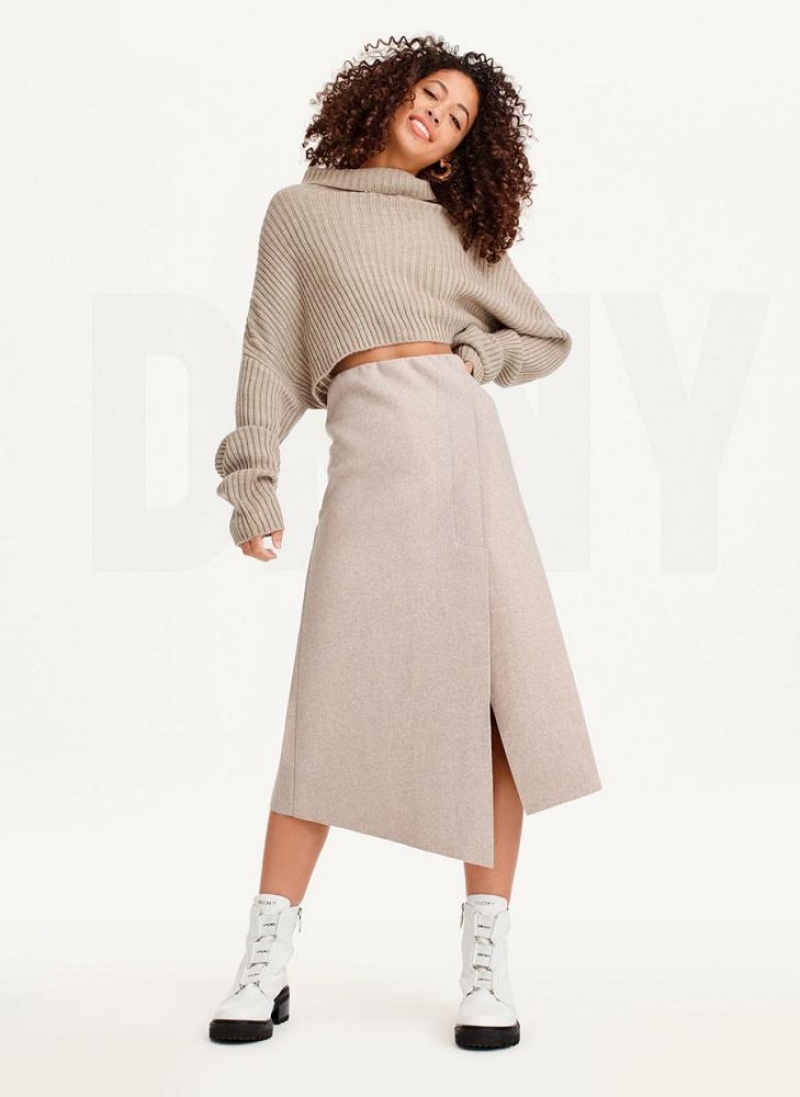 Πουλόβερ DKNY Cropped Turtleneck γυναικεια ανοιχτο καφε | Greece_D1307