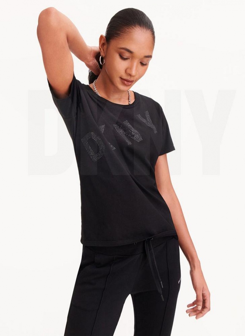 μπλουζακια DKNY Diagonal Rhinestone Logo γυναικεια μαυρα | Greece_D0429