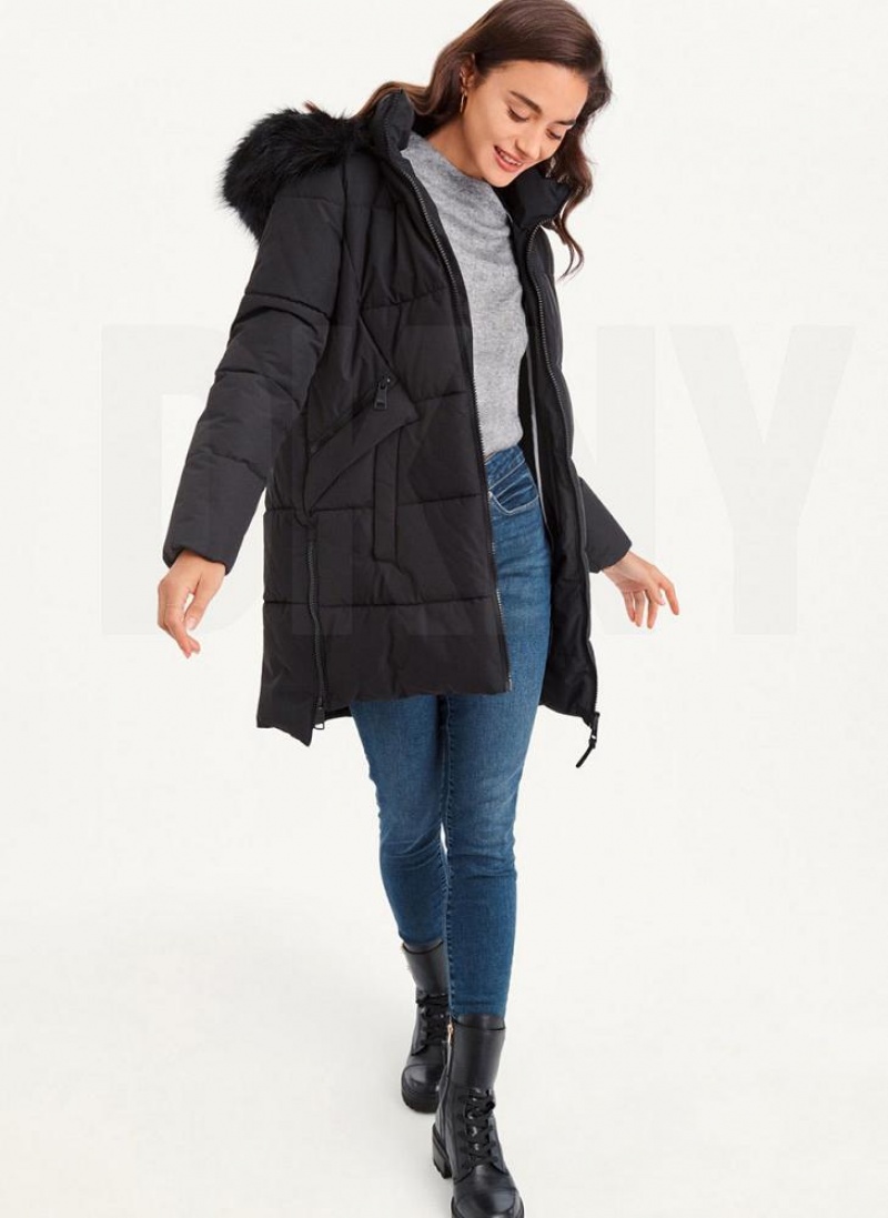 παλτό DKNY Double-Pocketed Faux-Fur Long Puffer γυναικεια μαυρα | Greece_D1216