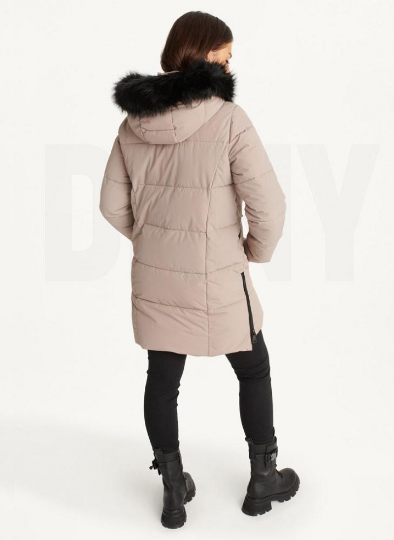 παλτό DKNY Double-Pocketed Faux-Fur Long Puffer γυναικεια Μπεζ | Greece_D0648