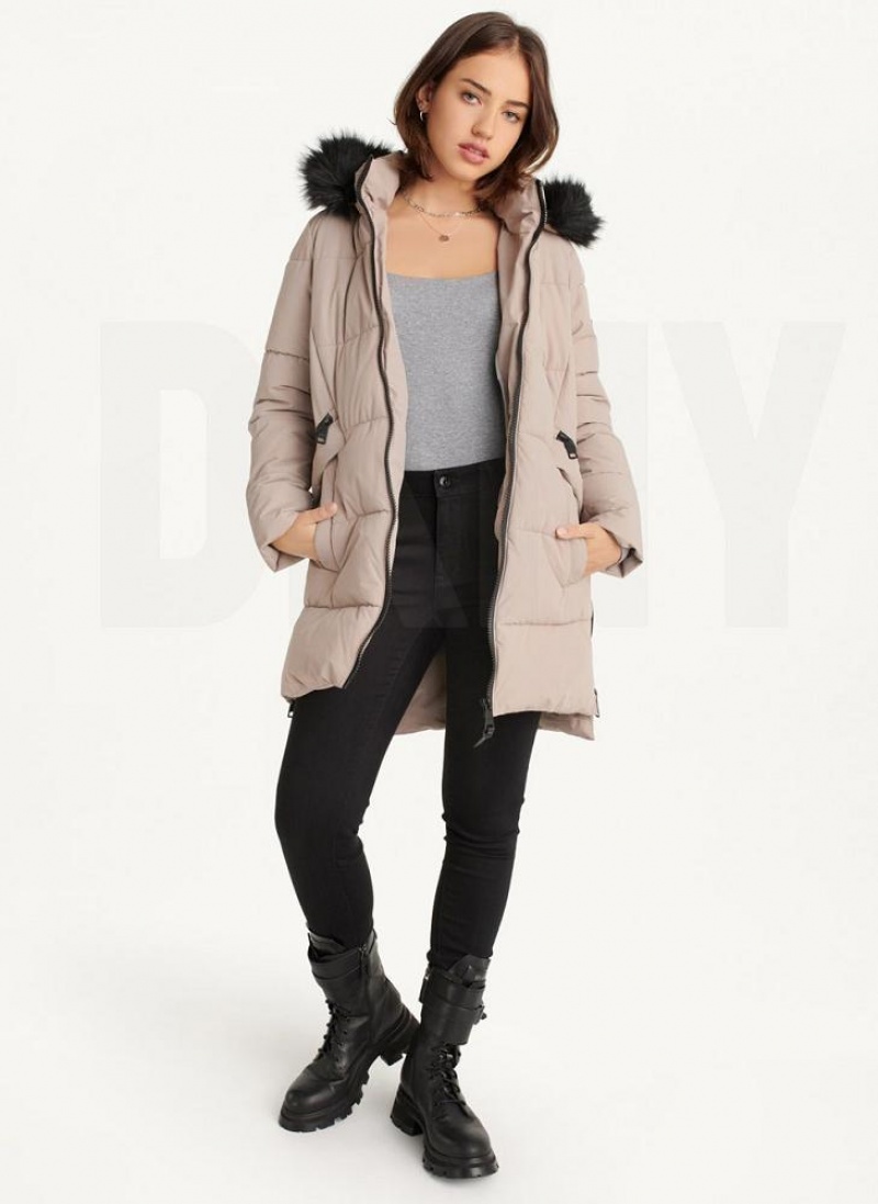 παλτό DKNY Double-Pocketed Faux-Fur Long Puffer γυναικεια Μπεζ | Greece_D0648