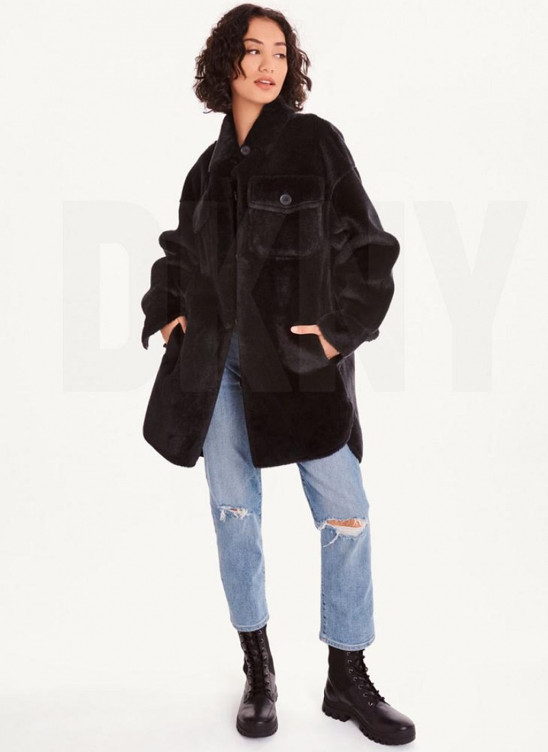 παλτό DKNY Faux Fur Shacket γυναικεια μαυρα | Greece_D1638