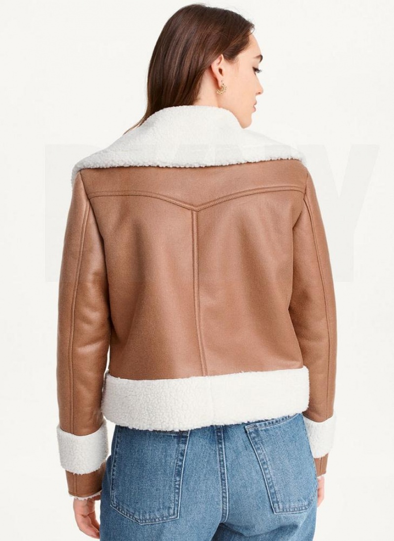 Μπουφαν DKNY Faux-σουετ Shearling Trim ποδηλατου γυναικεια καφε | Greece_D0667