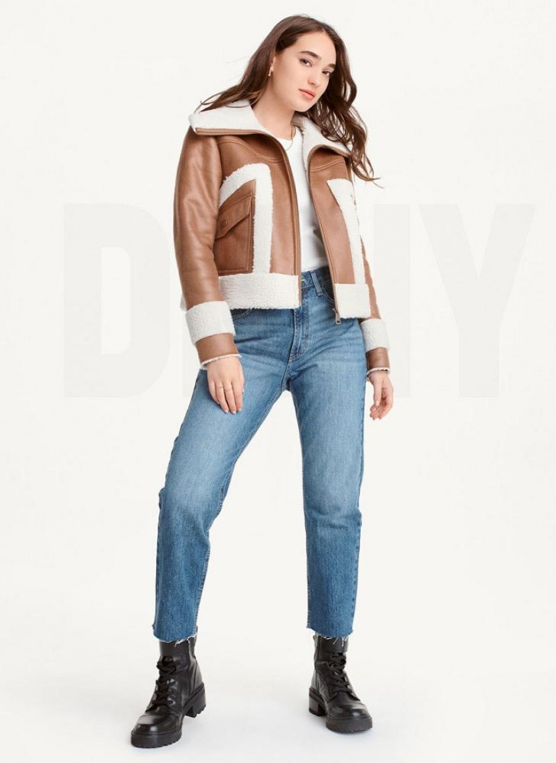 Μπουφαν DKNY Faux-σουετ Shearling Trim ποδηλατου γυναικεια καφε | Greece_D0667