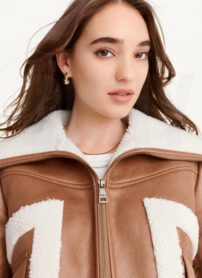 Μπουφαν DKNY Faux-σουετ Shearling Trim ποδηλατου γυναικεια καφε | Greece_D0667