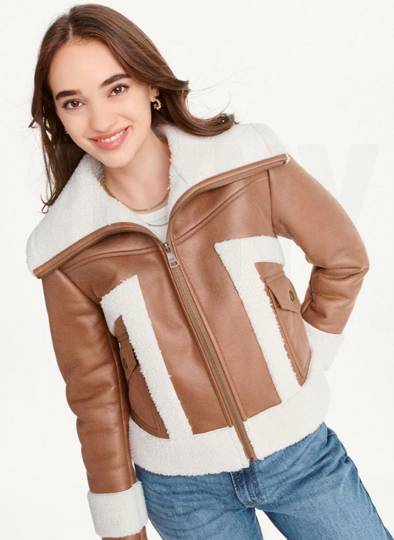 Μπουφαν DKNY Faux-σουετ Shearling Trim ποδηλατου γυναικεια καφε | Greece_D0667