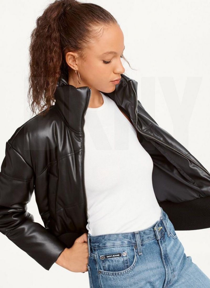 Μπουφαν DKNY Faux δερματινα Cropped Bomber γυναικεια μαυρα | Greece_D1524