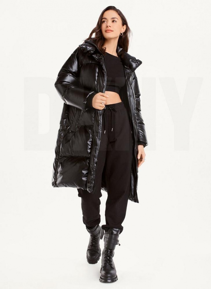 παλτό DKNY Faux δερματινα Long Puffer γυναικεια μαυρα | Greece_D1077