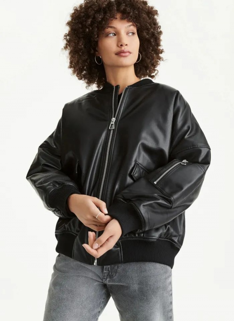 Μπουφαν DKNY Faux δερματινα Oversized Bomber γυναικεια μαυρα | Greece_D1447