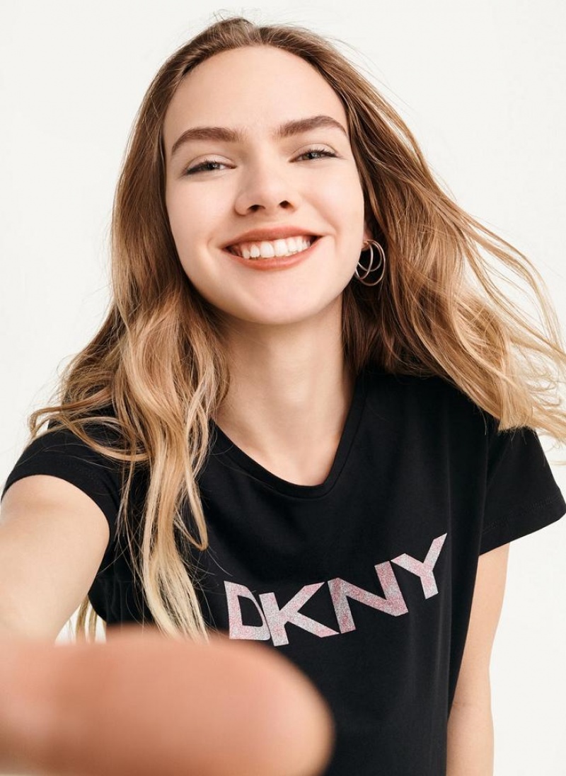 μπλουζακια DKNY Glitter Logo γυναικεια μαυρα | Greece_D0780