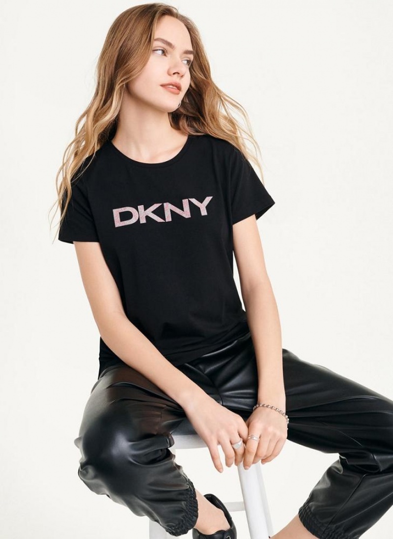 μπλουζακια DKNY Glitter Logo γυναικεια μαυρα | Greece_D0780