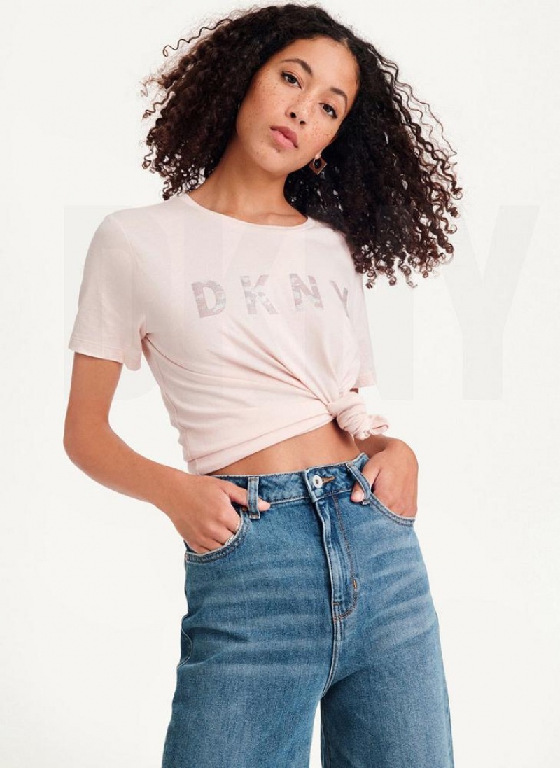 μπλουζακια DKNY Glitter Logo γυναικεια ροζ | Greece_D1793