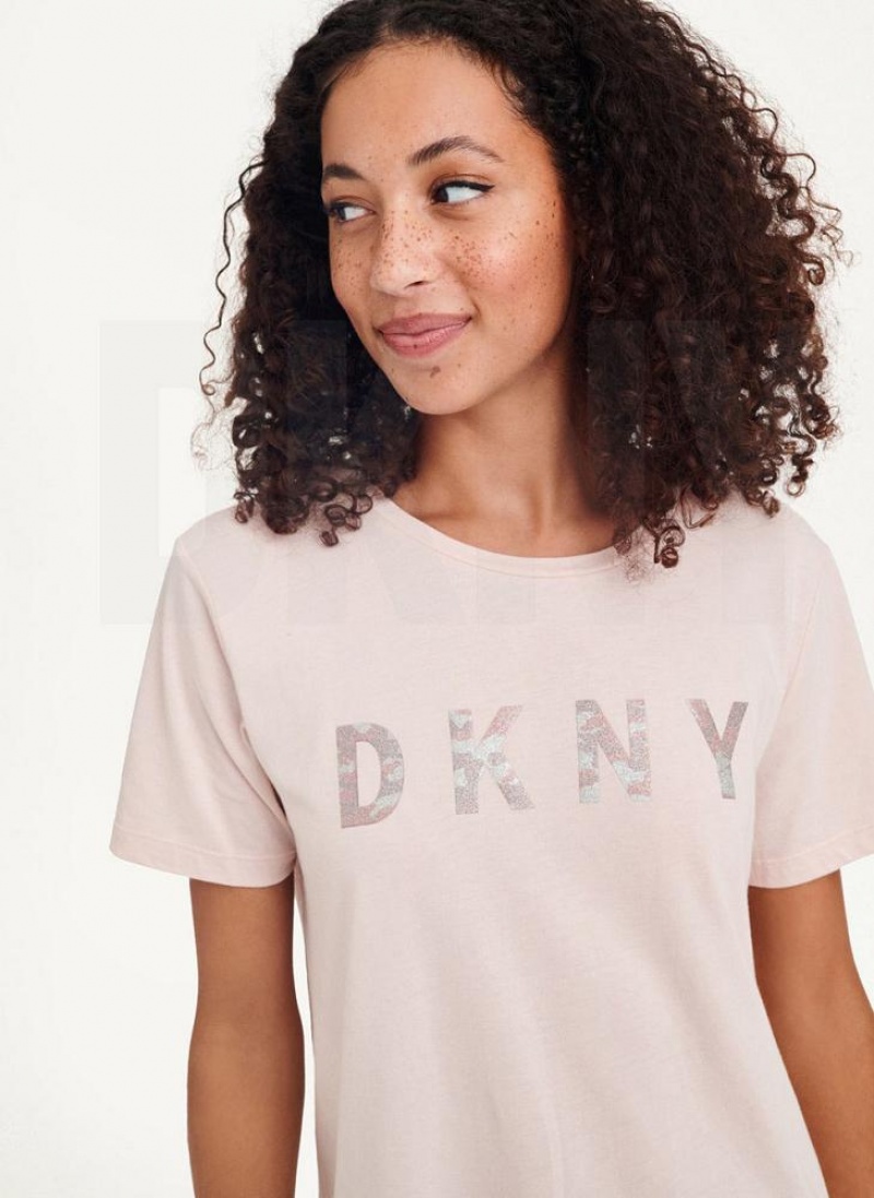 μπλουζακια DKNY Glitter Logo γυναικεια ροζ | Greece_D1793