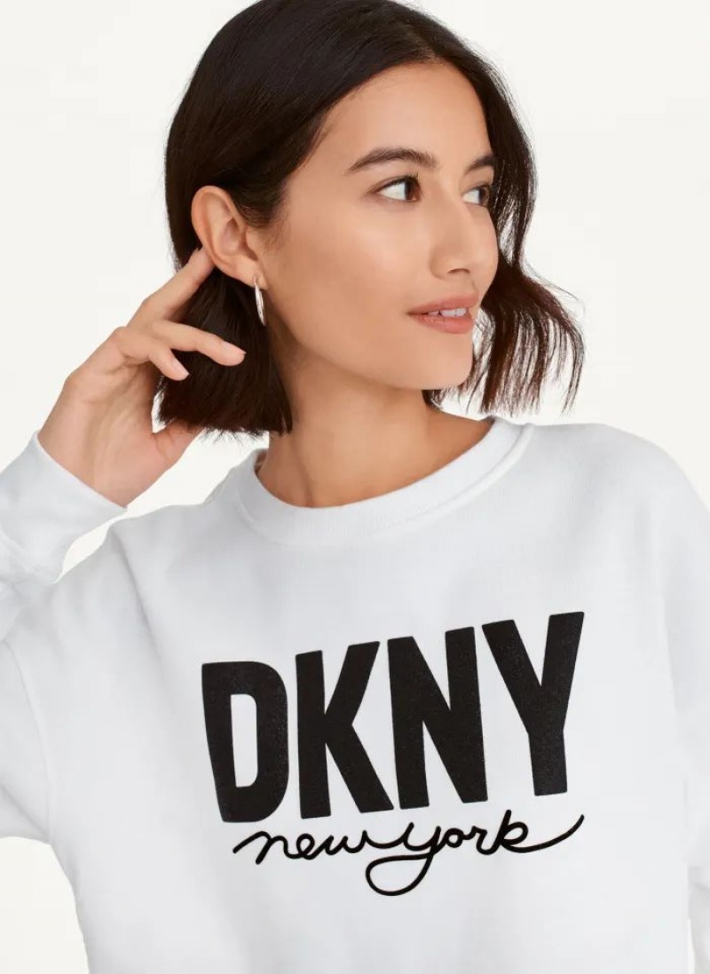 Φούτερ DKNY Glitter Script Logo Cropped Raw Edge γυναικεια ασπρα | Greece_D0397