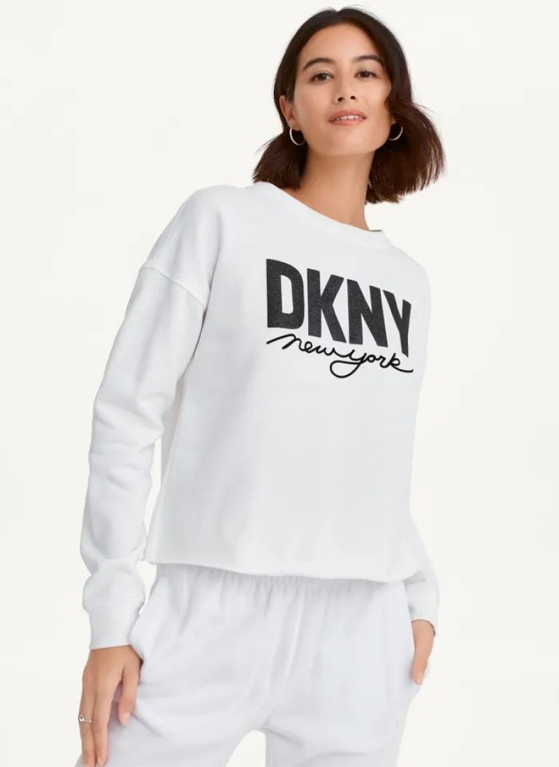 Φούτερ DKNY Glitter Script Logo Cropped Raw Edge γυναικεια ασπρα | Greece_D0397