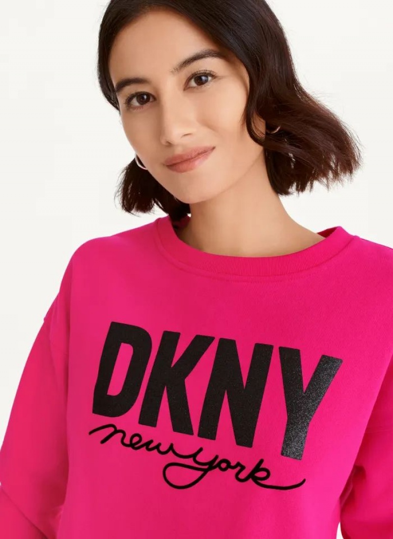 Φούτερ DKNY Glitter Script Logo Cropped Raw Edge γυναικεια ροζ | Greece_D1278