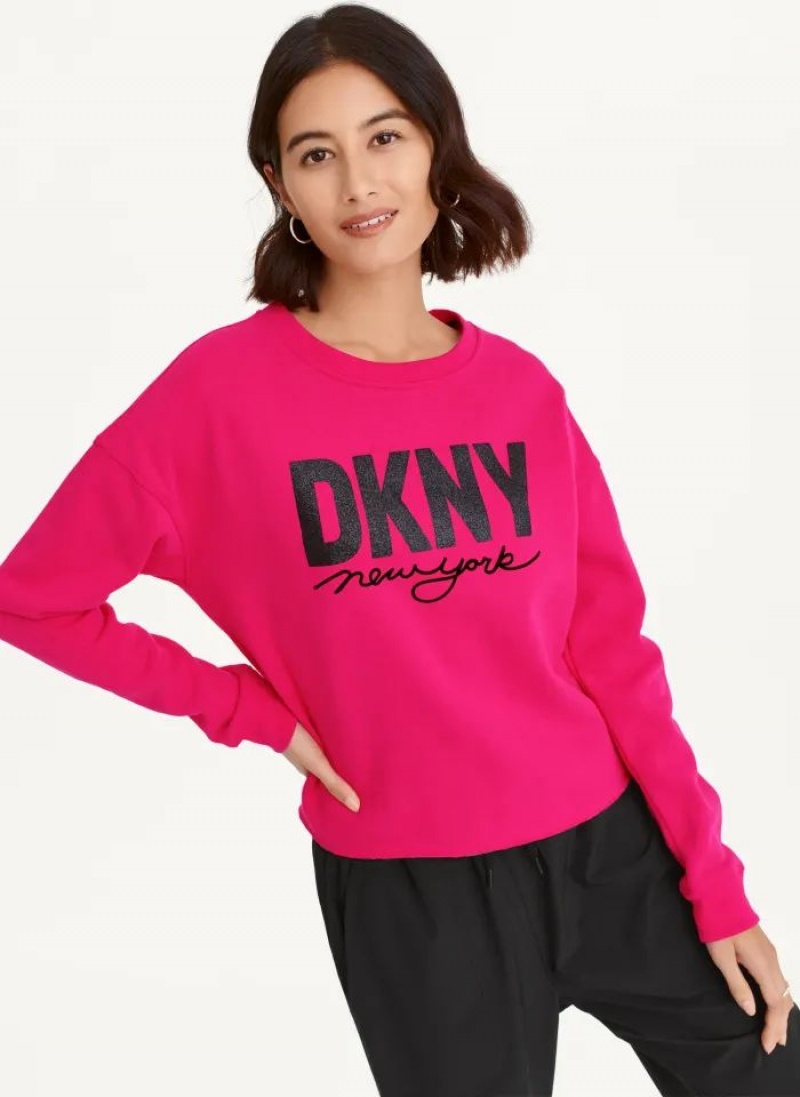 Φούτερ DKNY Glitter Script Logo Cropped Raw Edge γυναικεια ροζ | Greece_D1278