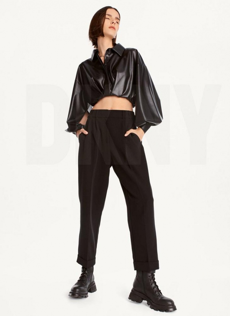 Παντελονι DKNY High Rise Pleat Rolled Cuff γυναικεια μαυρα | Greece_D0118