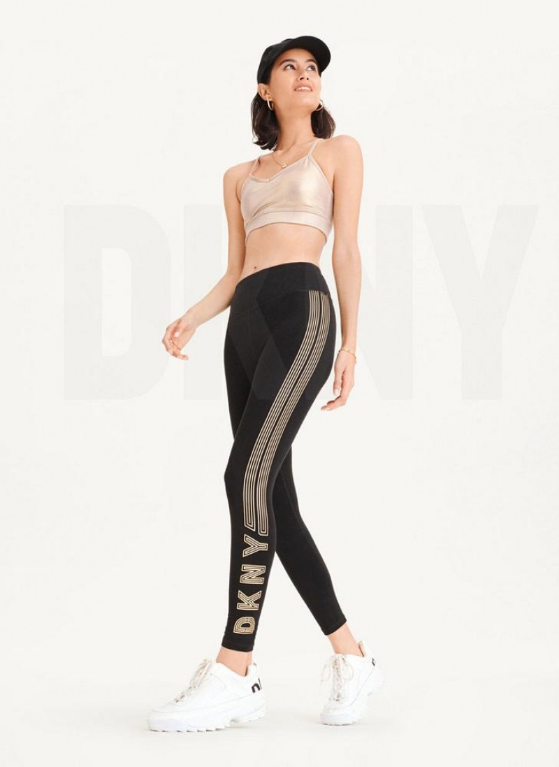 Κολαν DKNY High waist Full Length High Density Logo γυναικεια μαυρα χρυσο χρωμα | Greece_D1538