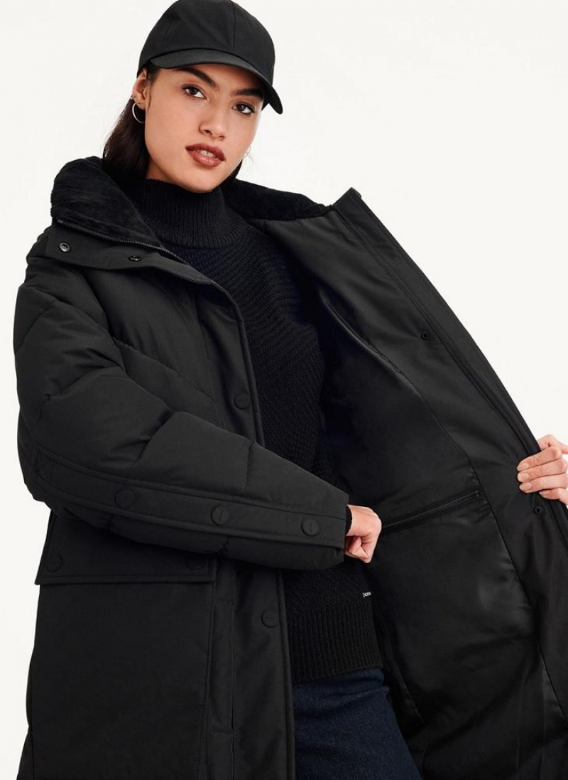 παλτό DKNY Long Puffer With Faux Fur Hood γυναικεια μαυρα | Greece_D1568