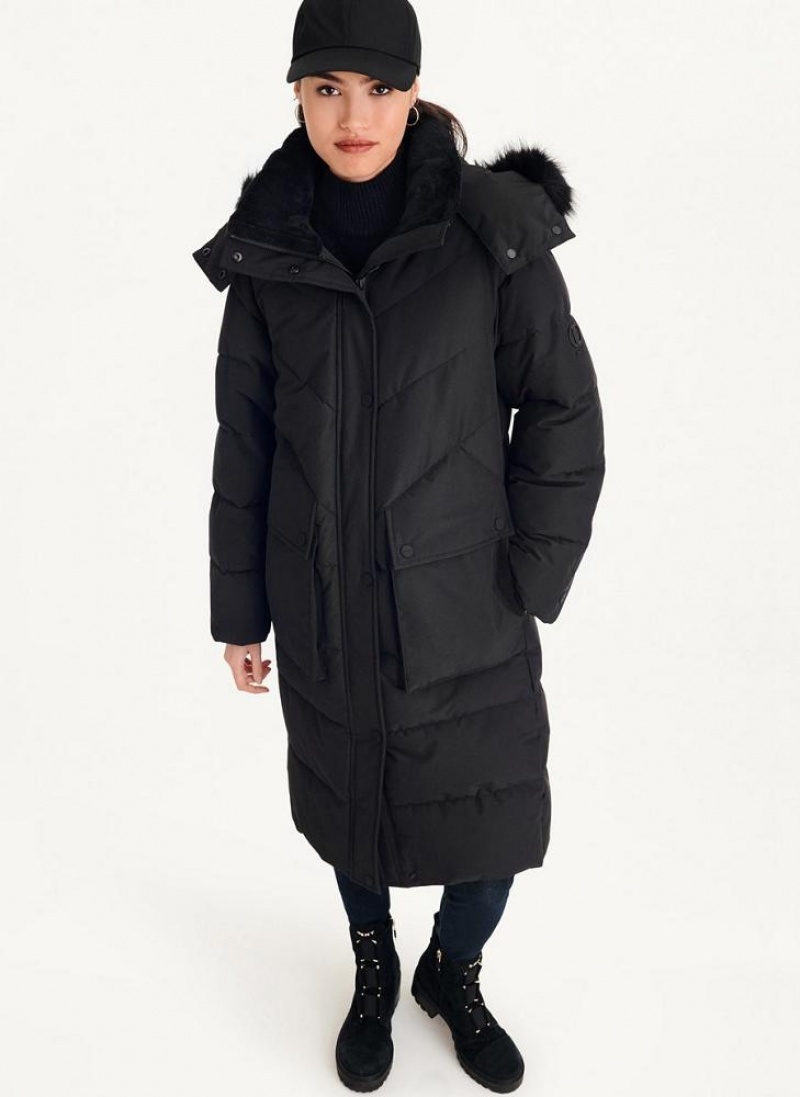 παλτό DKNY Long Puffer With Faux Fur Hood γυναικεια μαυρα | Greece_D1568