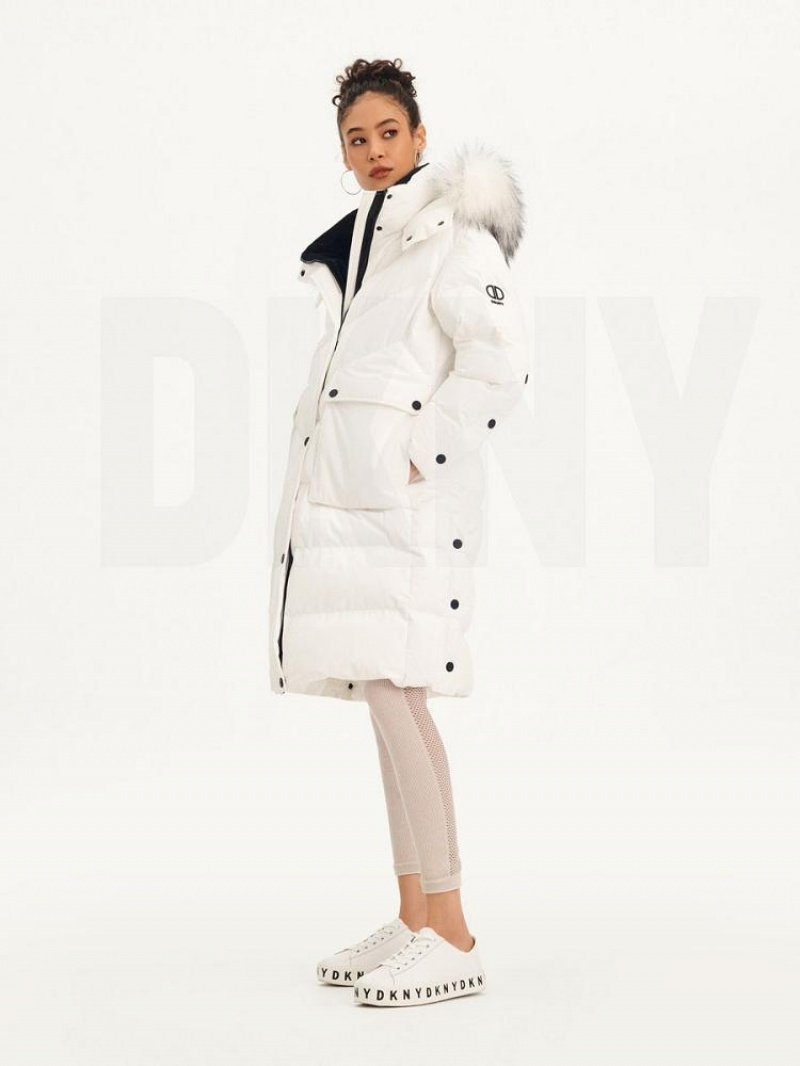 παλτό DKNY Long Puffer With Faux Fur Hood γυναικεια ασπρα | Greece_D0625