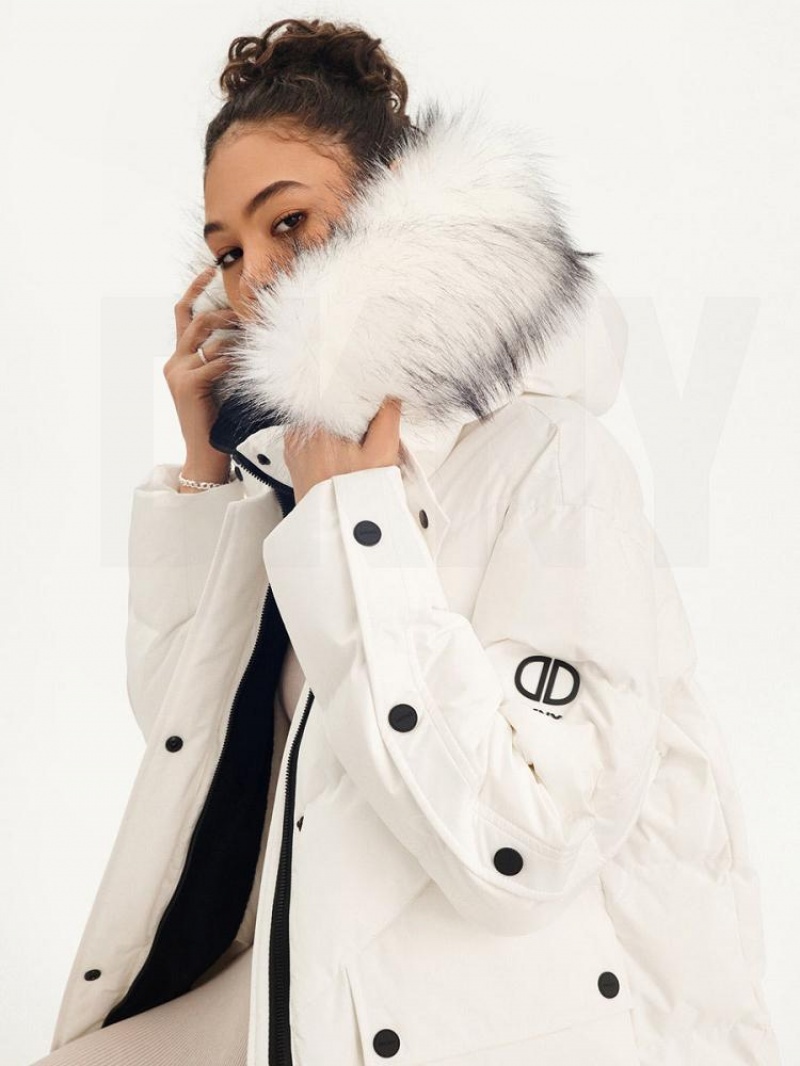 παλτό DKNY Long Puffer With Faux Fur Hood γυναικεια ασπρα | Greece_D0625