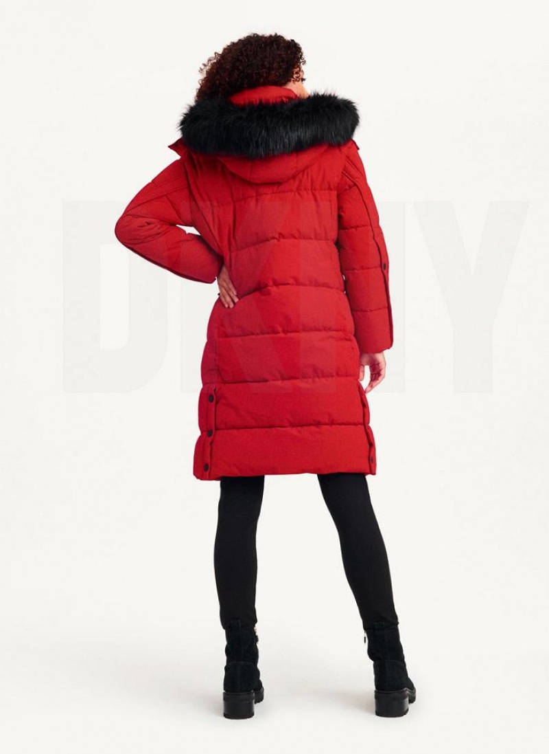 παλτό DKNY Long Puffer With Faux Fur Hood γυναικεια κοκκινα | Greece_D0279