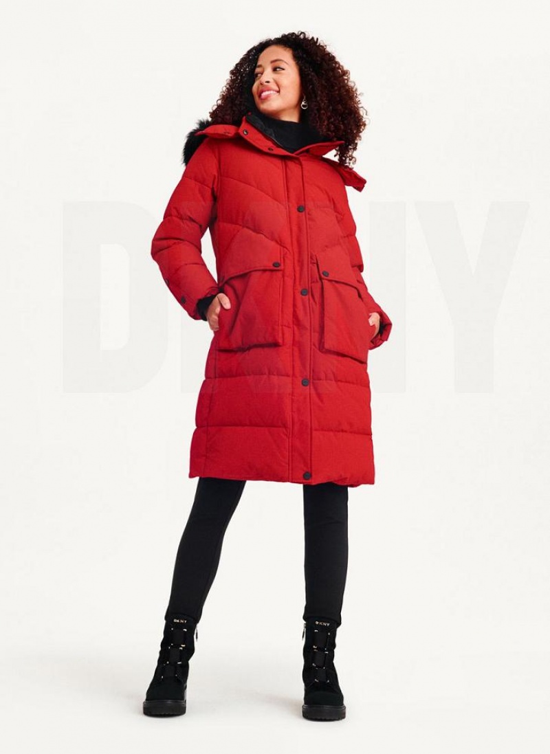 παλτό DKNY Long Puffer With Faux Fur Hood γυναικεια κοκκινα | Greece_D0279